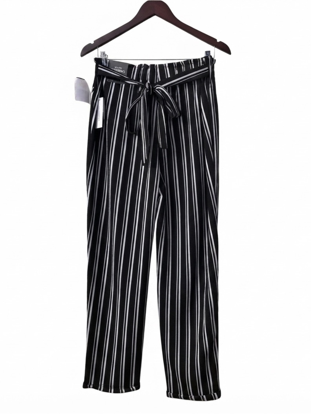 no comment Black and White Striped Belted Paperbag Pants